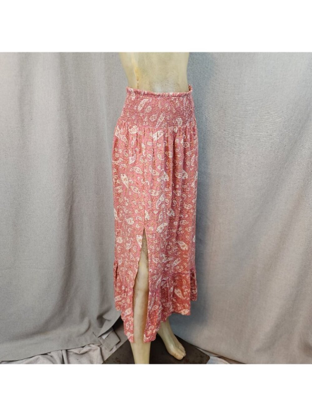 Italian Connection Pink Paisley Elastic Waist Midi Skirt MEDIUM LARGE Side Slit - Picture 4 of 7